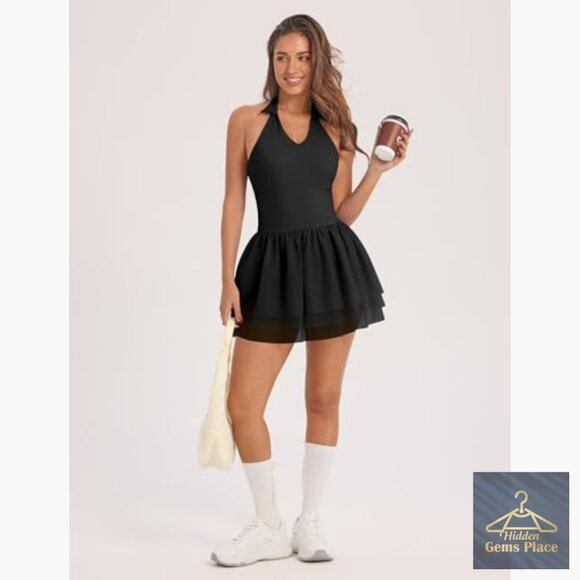 Women's Halter Backless Tennis Dress with Built-in Bra & Shorts - Picture 5 of 6